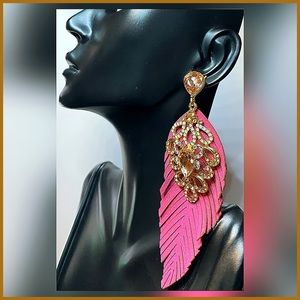 π· π Noir Palm Leaf Jeweled Gold & Pink Earrings